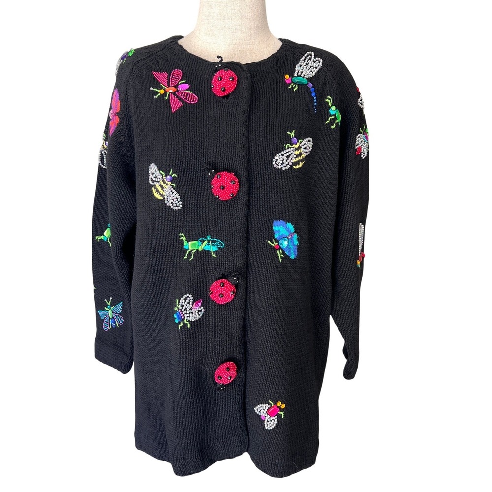 Michael Simon Bug Cardigan OS Black Vintage 90s Beaded Insect Whimsy Grandma Art